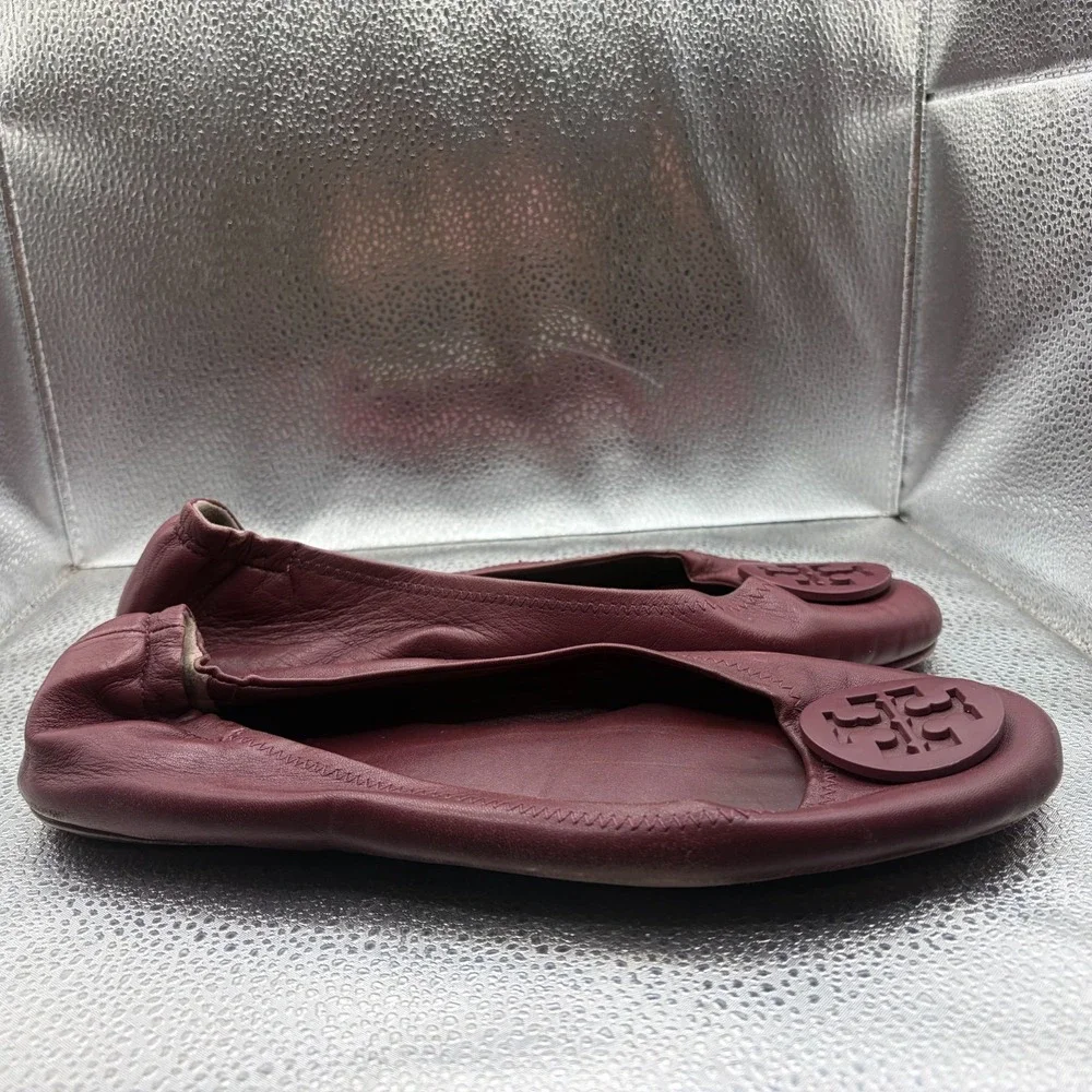 Size 11 M Tory Burch Minnie Burgundy Womens Leather Logo Travel Ballet‎ Flats